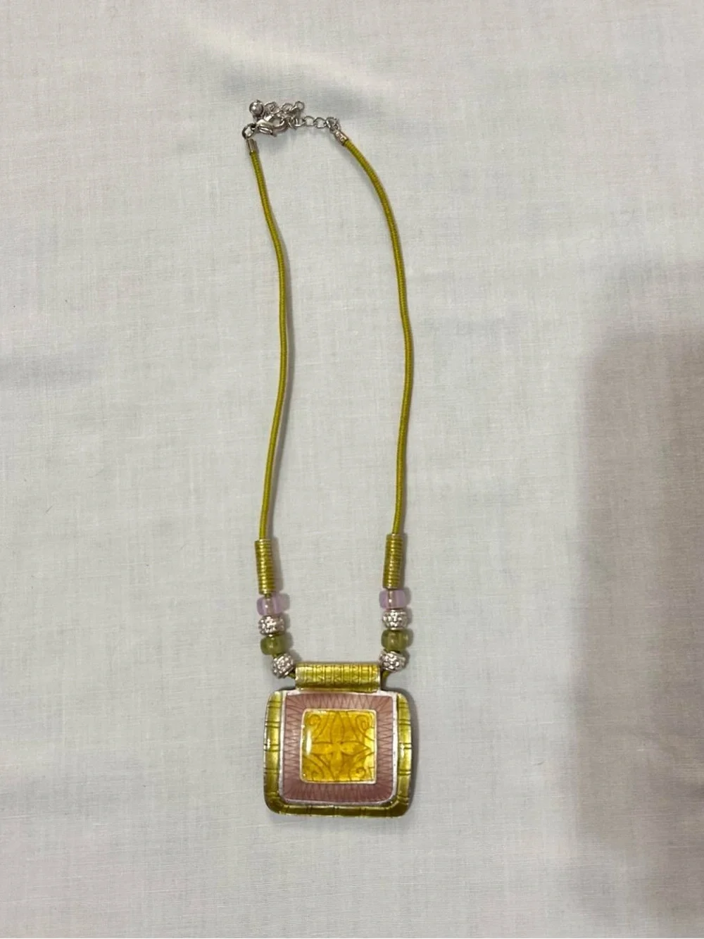 Vintage Light Green & Pink Beaded Large Pendant Necklace